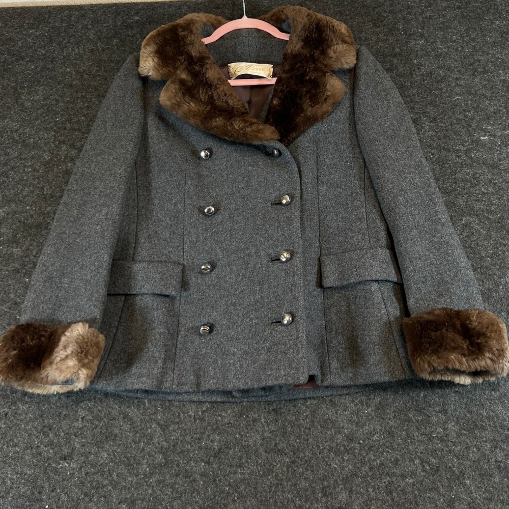 VTG Adolphe Zelinka Le Vines Pea Coat Sz M Gray Wool Mutton Fur Double Breasted